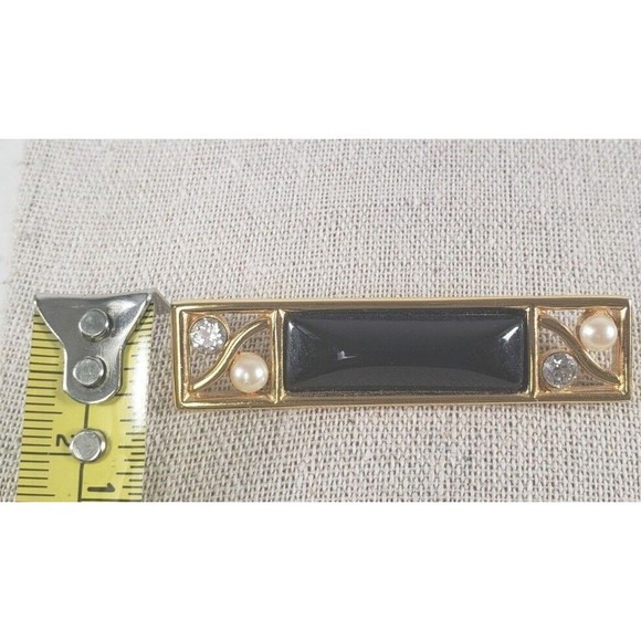 Brooch Pin - Signed Monet - Rectangle - Faux Pearls Rhinestones  Black Gold Tone - Picture 5 of 9